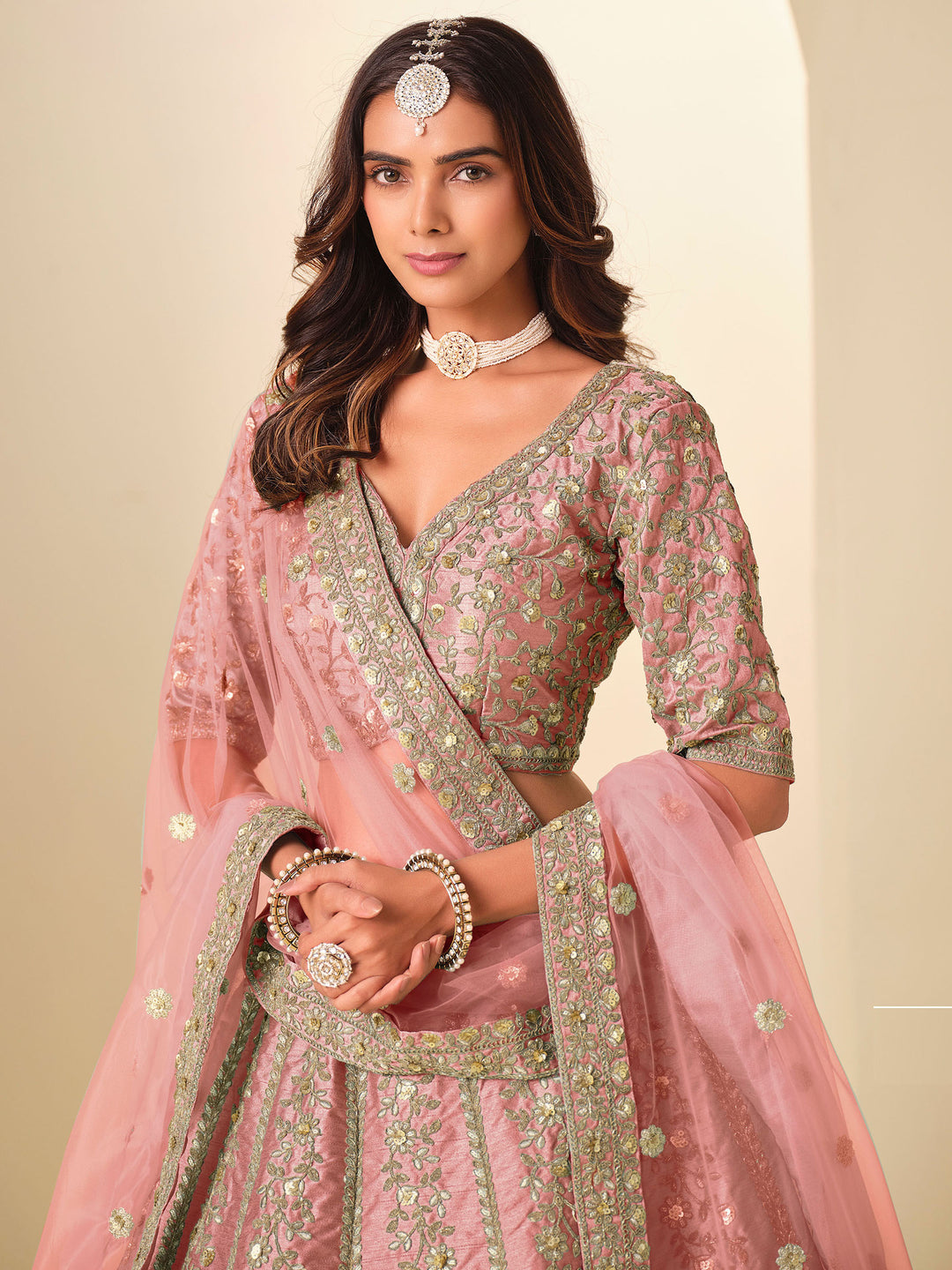Pink Embroidered Art Silk Semi Stitched Kurta Choli With Lehenga &amp; Dupatta