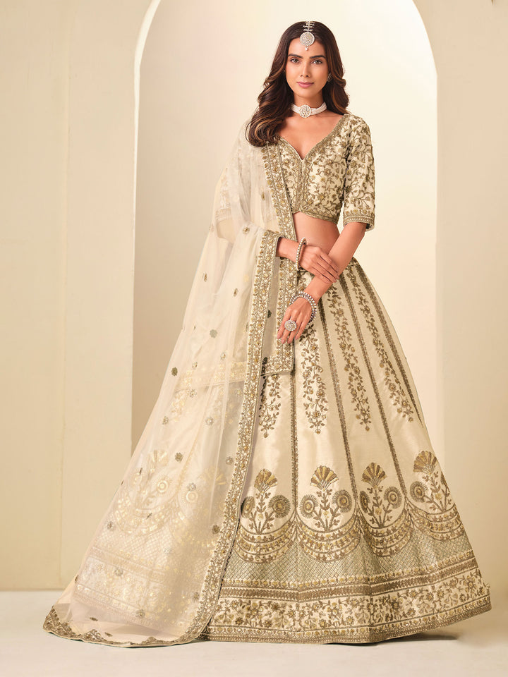 Beige Embroidered Art Silk Semi Stitched Kurta Choli With Lehenga &amp; Dupatta