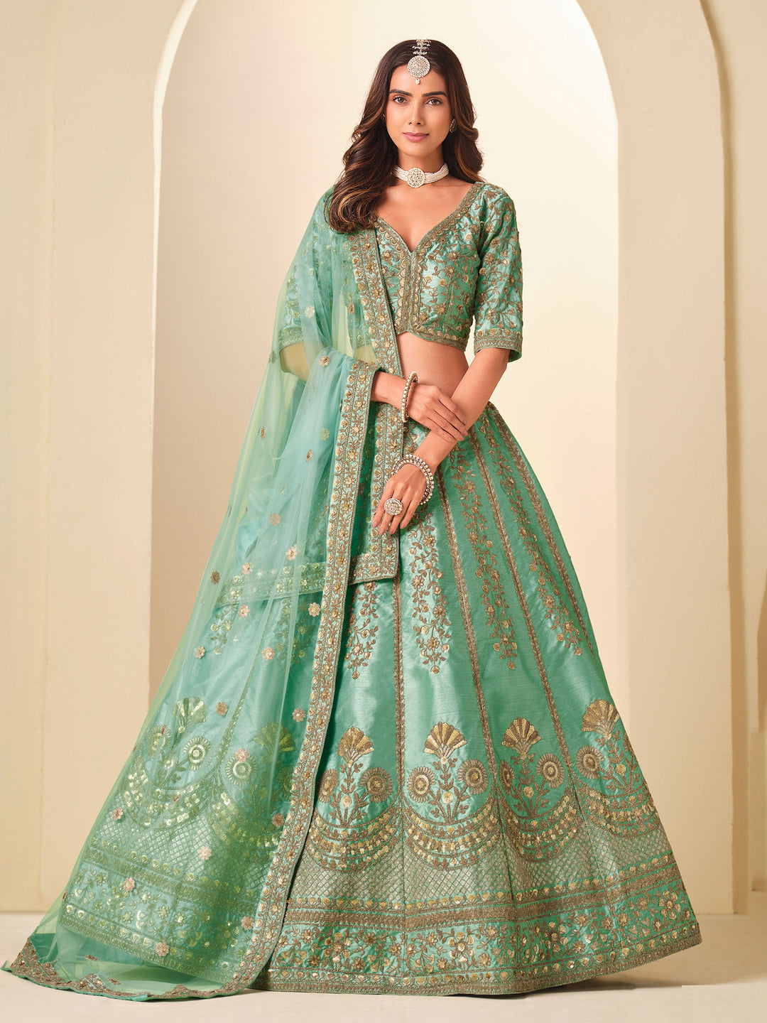 Sea Green Embroidered Art Silk Semi Stitched Kurta Choli With Lehenga &amp; Dupatta