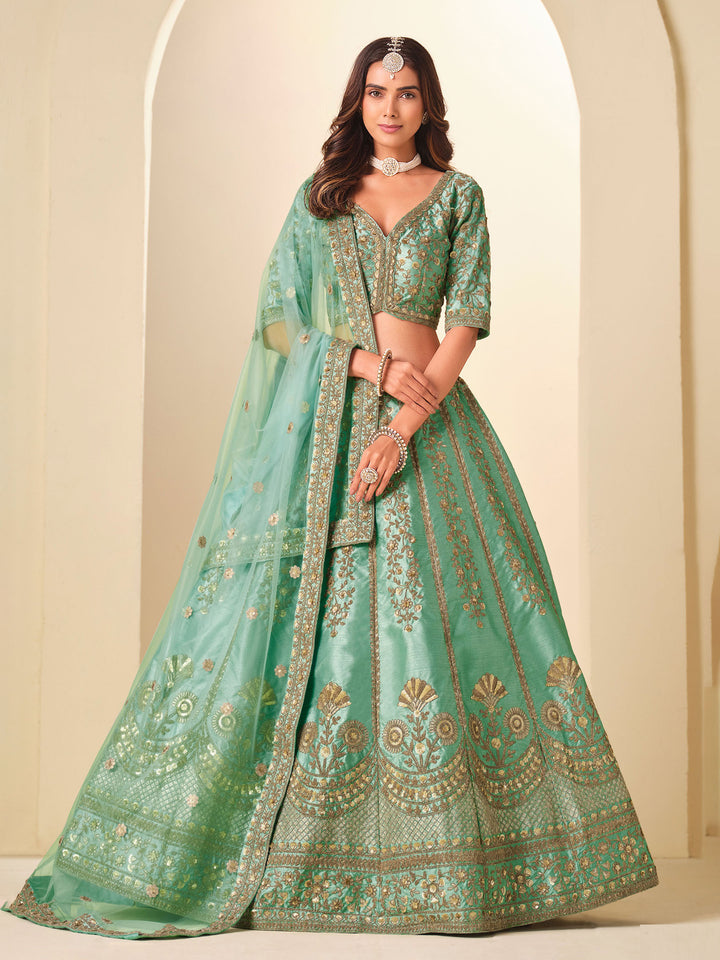 Sea Green Embroidered Art Silk Semi Stitched Kurta Choli With Lehenga &amp; Dupatta