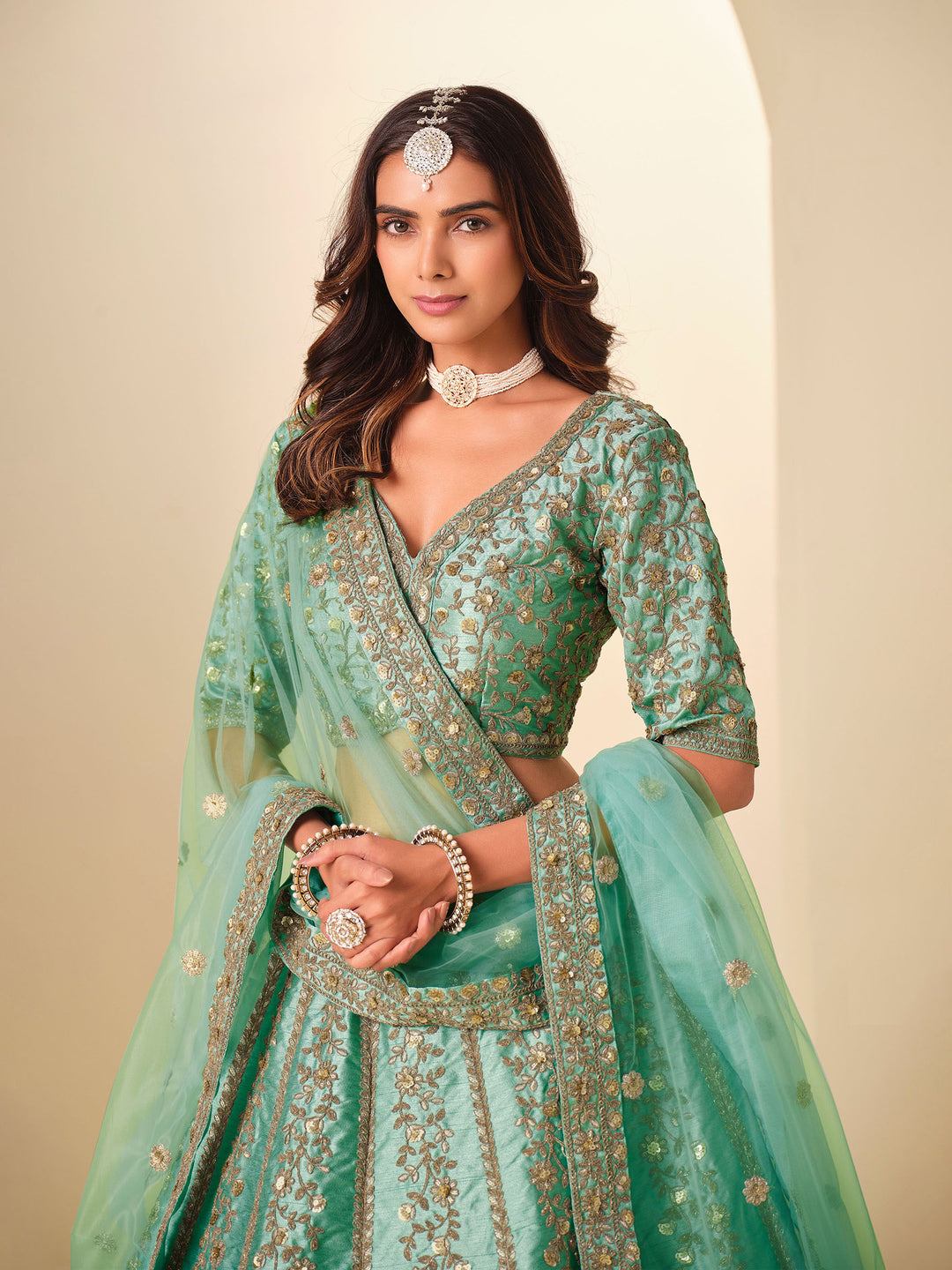 Sea Green Embroidered Art Silk Semi Stitched Kurta Choli With Lehenga &amp; Dupatta