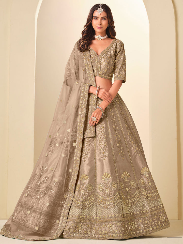 Brown Embroidered Art Silk Semi Stitched Kurta Choli With Lehenga &amp; Dupatta