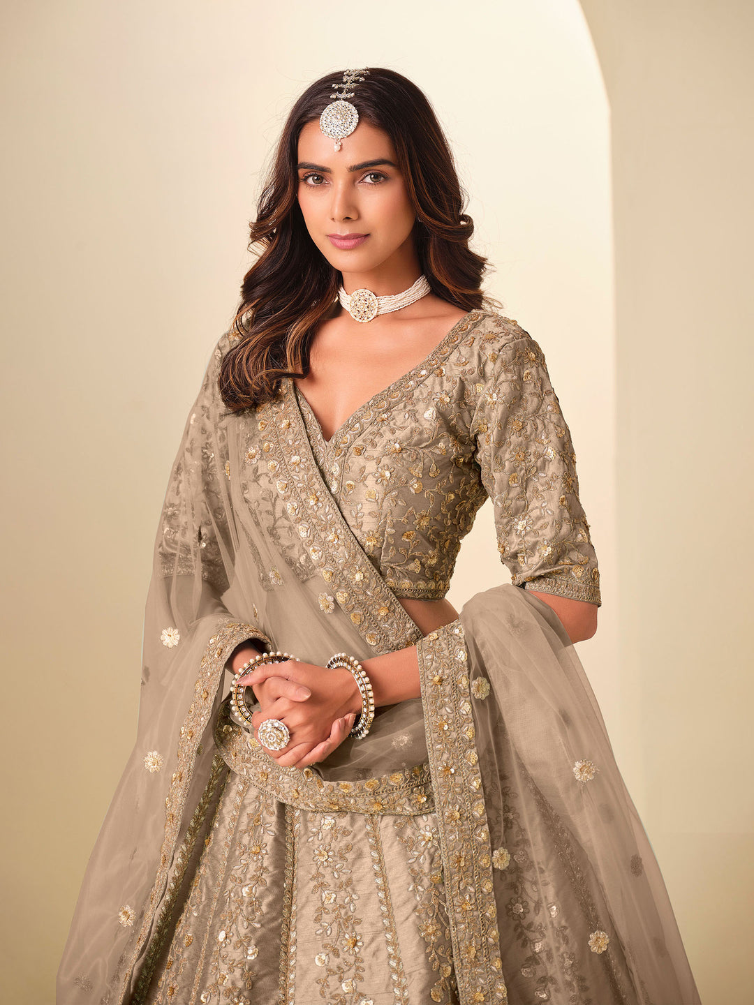 Brown Embroidered Art Silk Semi Stitched Kurta Choli With Lehenga &amp; Dupatta