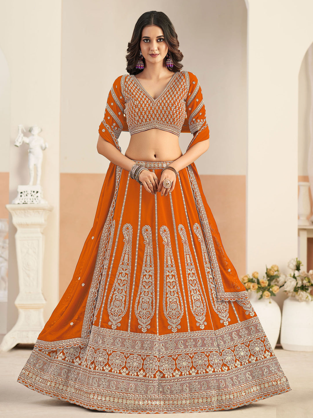 Orange Embroidered Georgette Semi Stitched Kurta Choli With Lehenga &amp; Dupatta