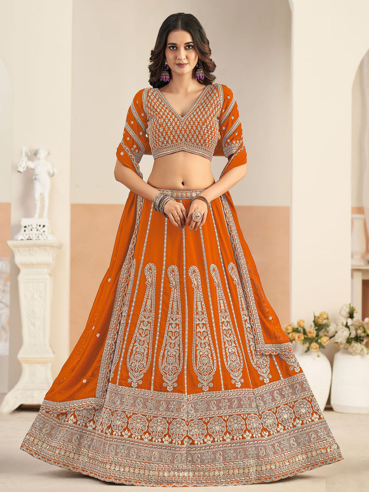 Orange Embroidered Georgette Semi Stitched Kurta Choli With Lehenga &amp; Dupatta