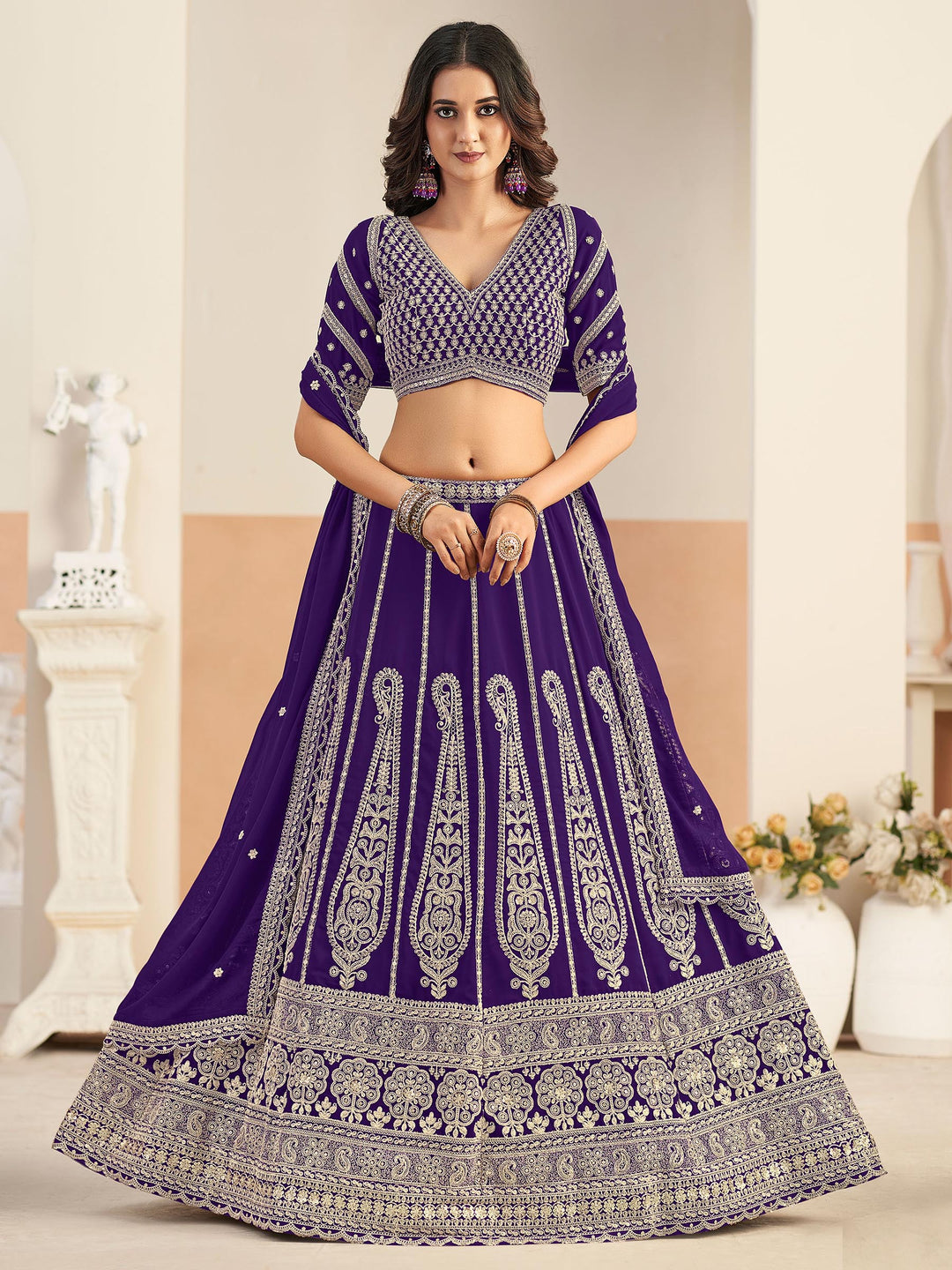 Purple Embroidered Georgette Semi Stitched Kurta Choli With Lehenga &amp; Dupatta