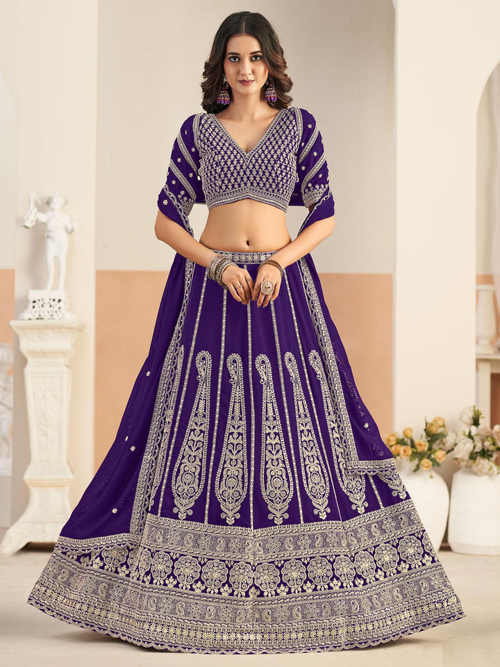 Purple Embroidered Georgette Semi Stitched Kurta Choli With Lehenga &amp; Dupatta
