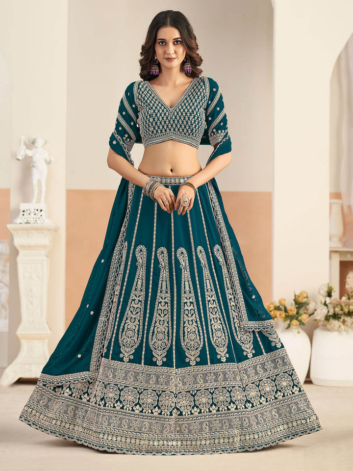 Teal Blue Embroidered Georgette Semi Stitched Kurta Choli With Lehenga &amp; Dupatta