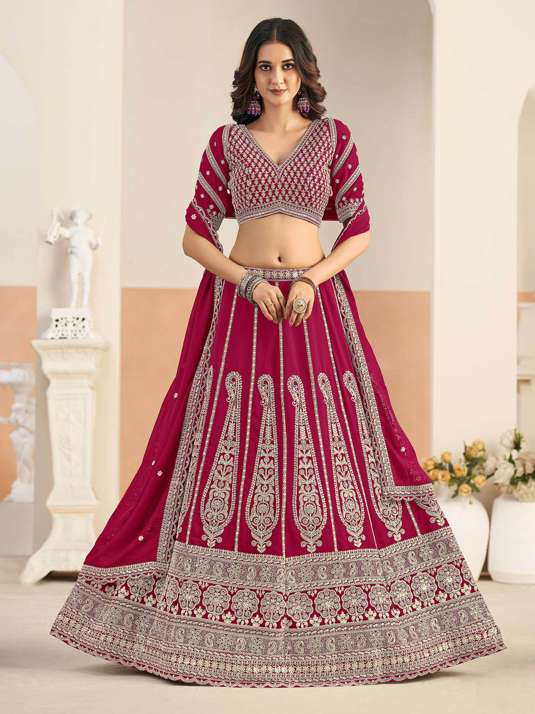 Rani Embroidered Georgette Semi Stitched Kurta Choli With Lehenga &amp; Dupatta