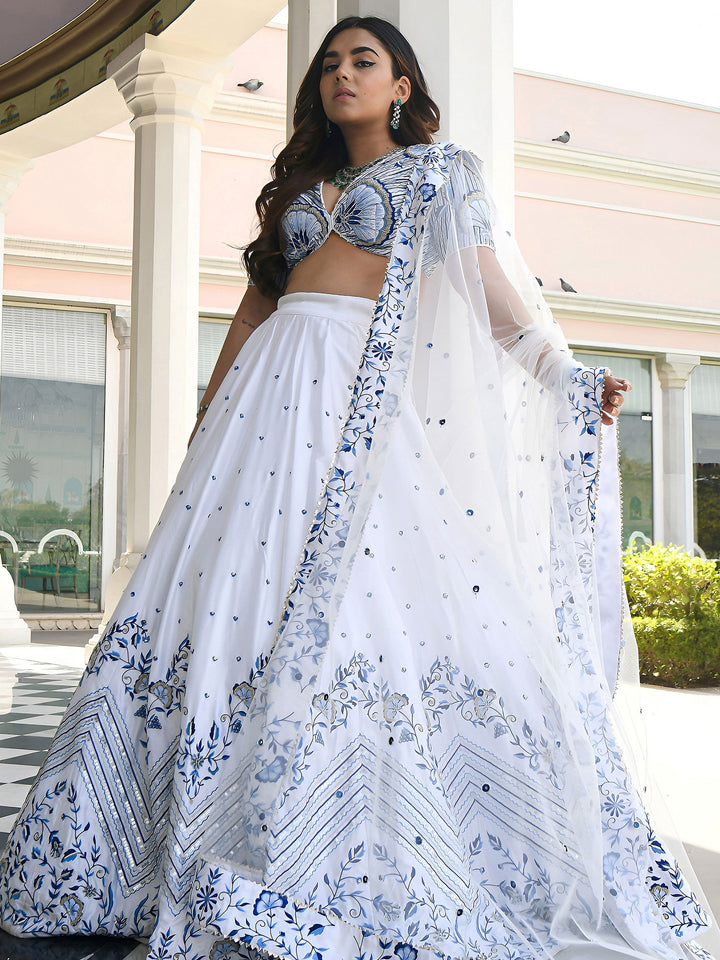White Satin Embroidered Semi Stitched Lehenga Choli with Dupatta