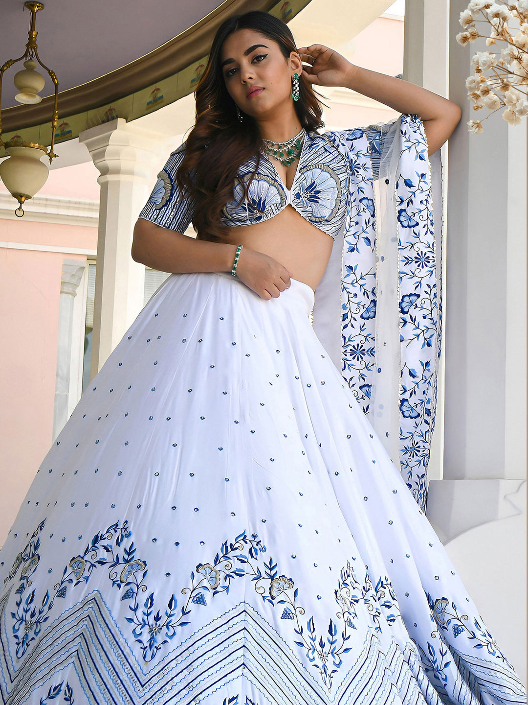 White Satin Embroidered Semi Stitched Lehenga Choli with Dupatta