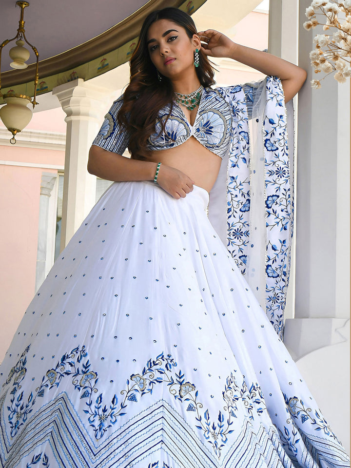 White Satin Embroidered Semi Stitched Lehenga Choli with Dupatta