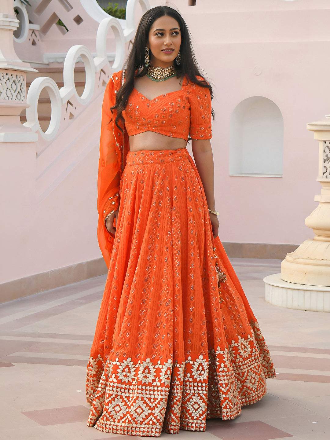 Orange Georgette Embroidered Semi Stitched Lehenga Choli with Dupatta