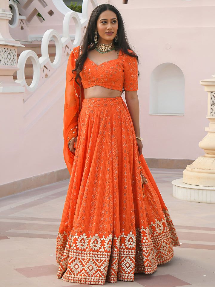 Orange Georgette Embroidered Semi Stitched Lehenga Choli with Dupatta