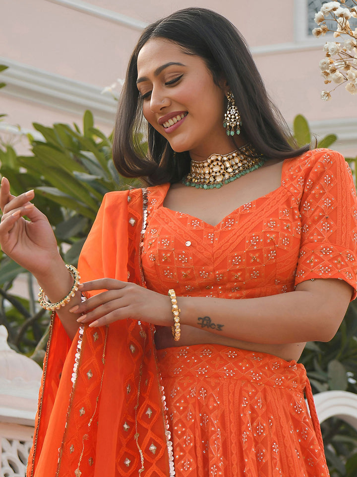 Orange Georgette Embroidered Semi Stitched Lehenga Choli with Dupatta