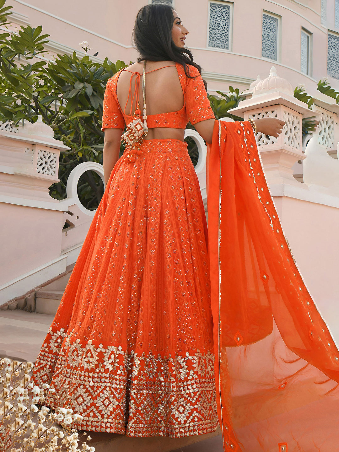 Orange Georgette Embroidered Semi Stitched Lehenga Choli with Dupatta