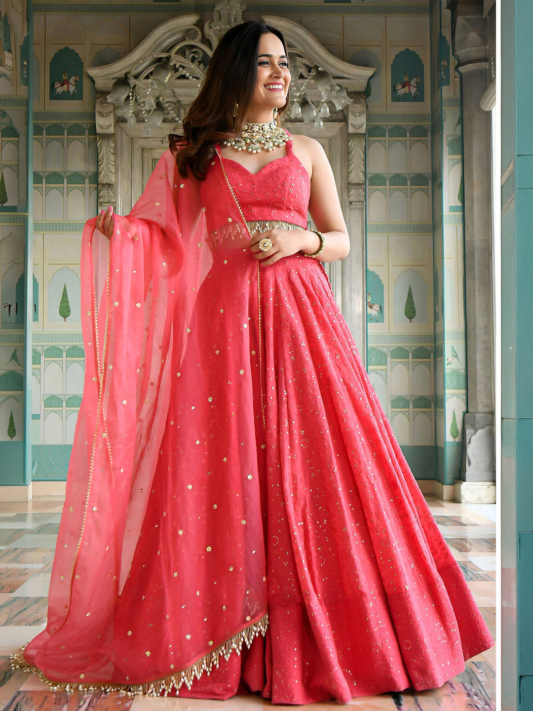 Pink Georgette Embroidered Semi Stitched Lehenga Choli with Dupatta