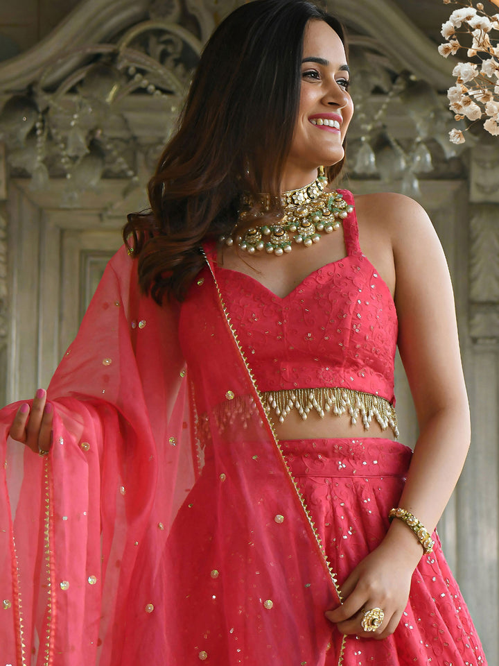 Pink Georgette Embroidered Semi Stitched Lehenga Choli with Dupatta