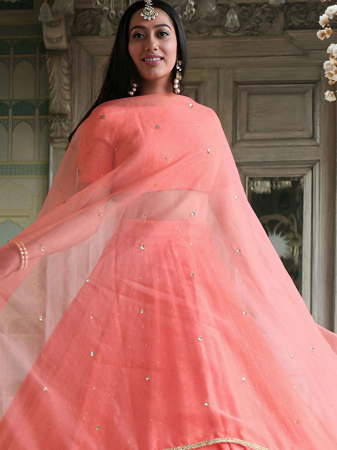 Peach Georgette Embroidered Semi Stitched Lehenga Choli with Dupatta