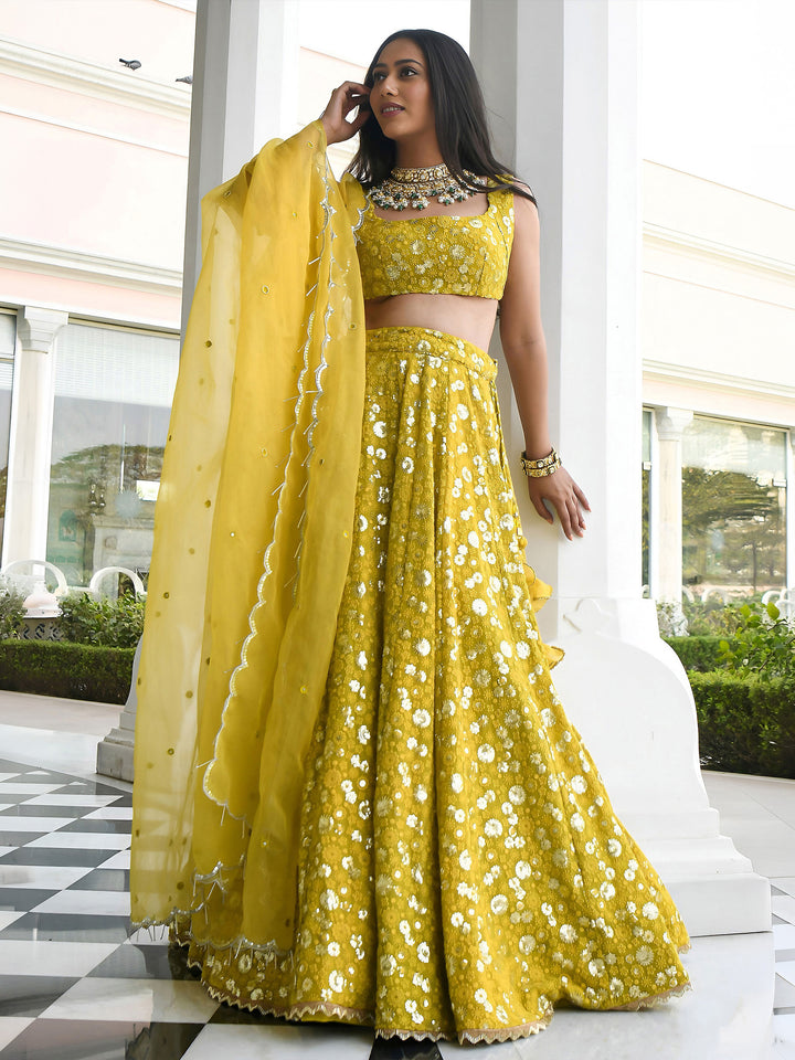 Olive-Green Georgette Embroidered Semi Stitched Lehenga Choli with Dupatta