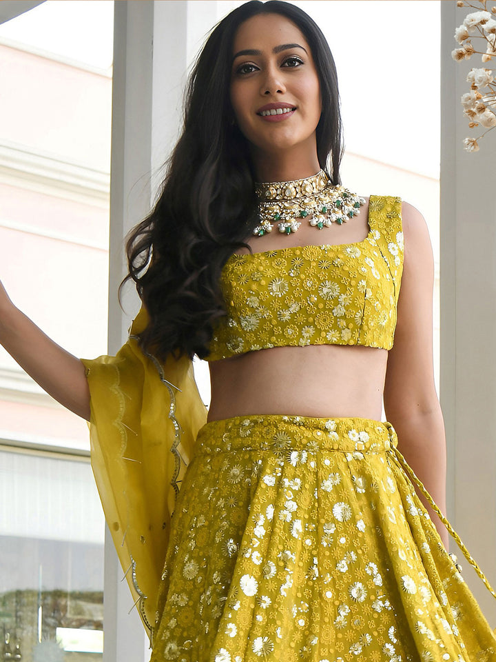 Olive-Green Georgette Embroidered Semi Stitched Lehenga Choli with Dupatta