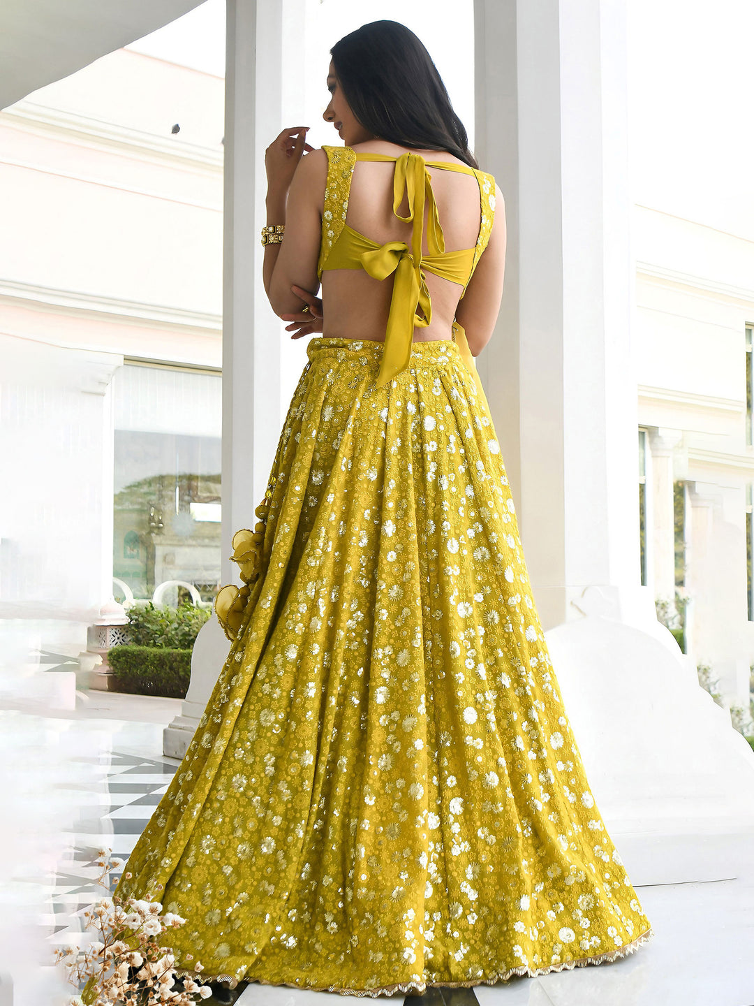 Olive-Green Georgette Embroidered Semi Stitched Lehenga Choli with Dupatta