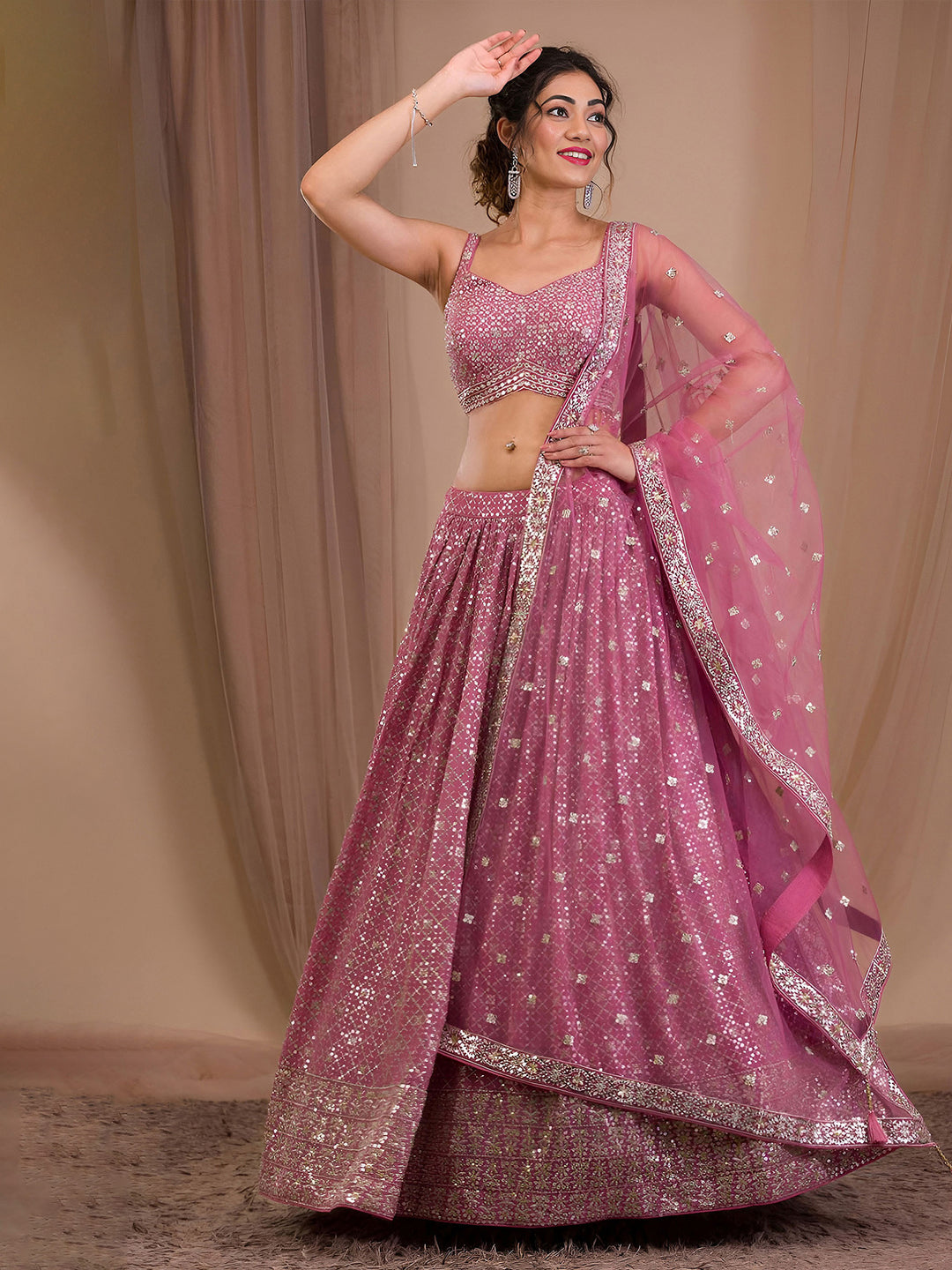 Pink Georgette Embroidered Semi Stitched Lehenga Choli with Dupatta