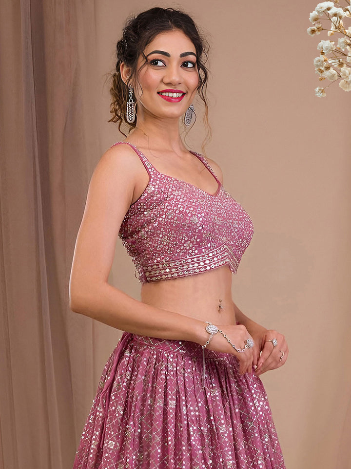 Pink Georgette Embroidered Semi Stitched Lehenga Choli with Dupatta