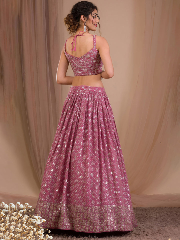Pink Georgette Embroidered Semi Stitched Lehenga Choli with Dupatta