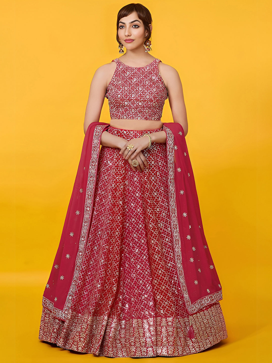 Red Georgette Embroidered Semi Stitched Lehenga Choli with Dupatta