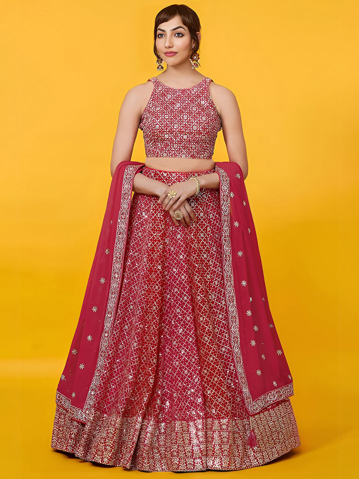 Red Georgette Embroidered Semi Stitched Lehenga Choli with Dupatta