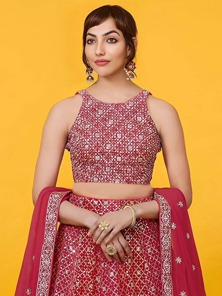 Red Georgette Embroidered Semi Stitched Lehenga Choli with Dupatta