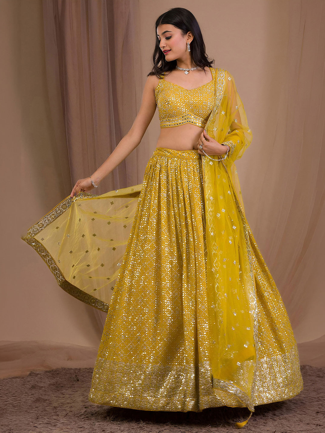 Yellow Georgette Embroidered Semi Stitched Lehenga Choli with Dupatta