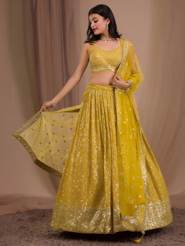 Yellow Georgette Embroidered Semi Stitched Lehenga Choli with Dupatta