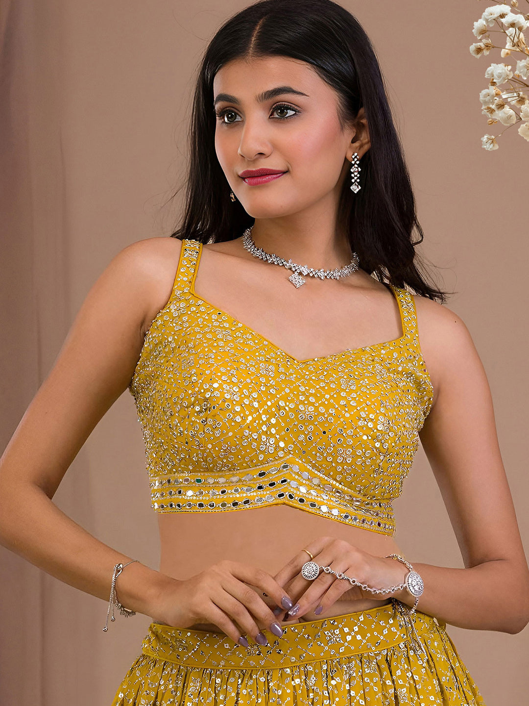 Yellow Georgette Embroidered Semi Stitched Lehenga Choli with Dupatta
