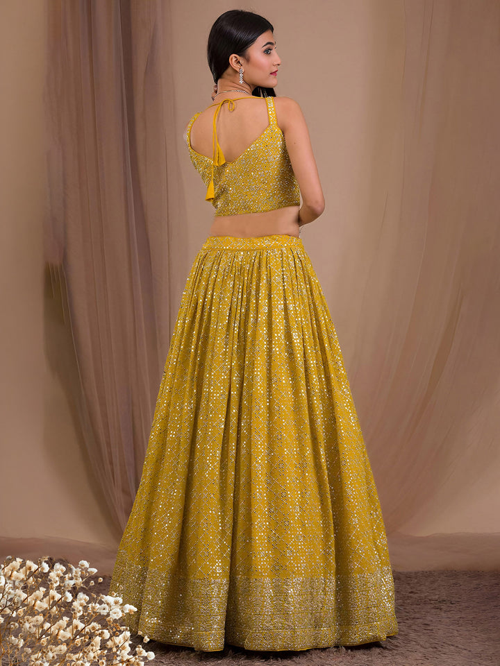 Yellow Georgette Embroidered Semi Stitched Lehenga Choli with Dupatta