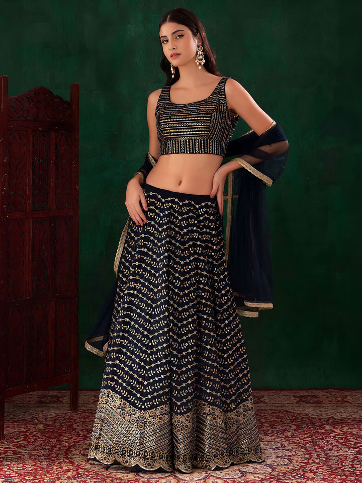 Blue Georgette Embroidered Semi Stitched Lehenga Choli with Dupatta