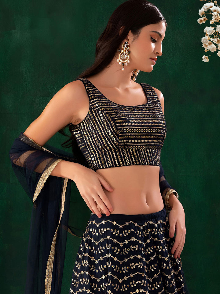 Blue Georgette Embroidered Semi Stitched Lehenga Choli with Dupatta