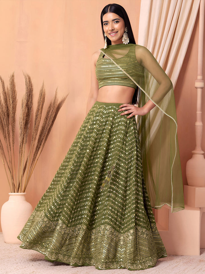Green Georgette Embroidered Semi Stitched Lehenga Choli with Dupatta