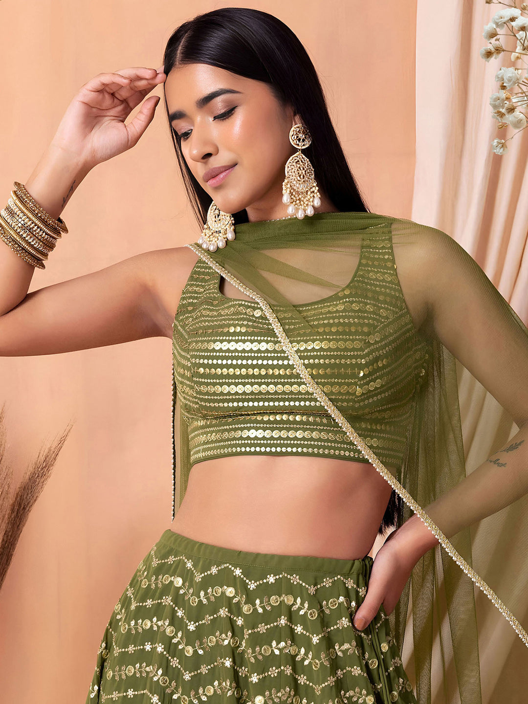 Green Georgette Embroidered Semi Stitched Lehenga Choli with Dupatta