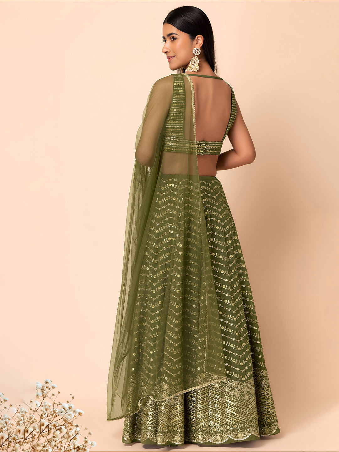 Green Georgette Embroidered Semi Stitched Lehenga Choli with Dupatta