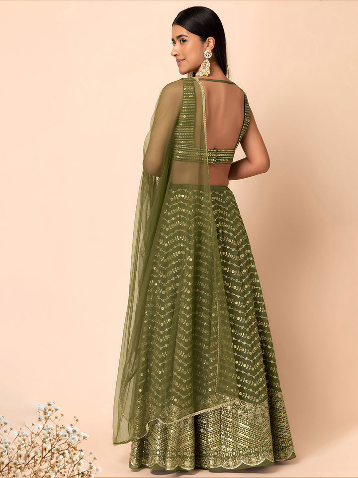 Green Georgette Embroidered Semi Stitched Lehenga Choli with Dupatta