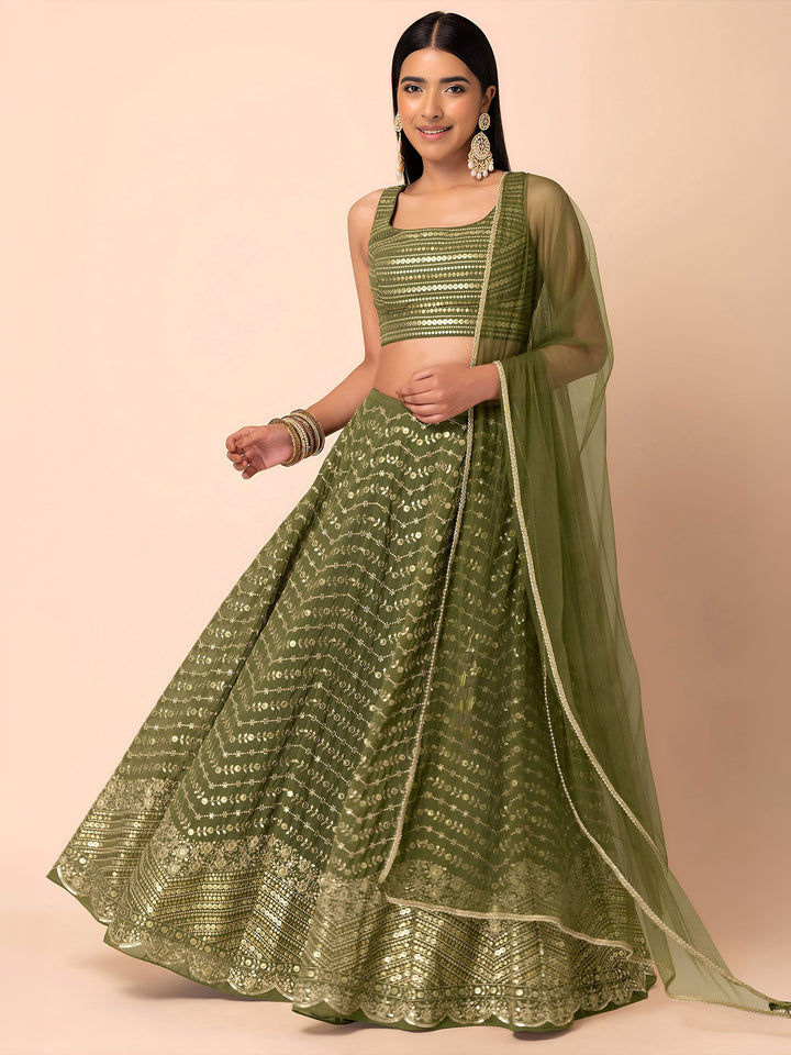 Green Georgette Embroidered Semi Stitched Lehenga Choli with Dupatta