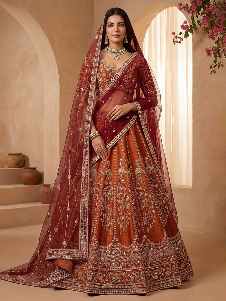 Orange Hlame Semi Stitched Bridal Lehenga Choli with Embroidered Net Dupatta