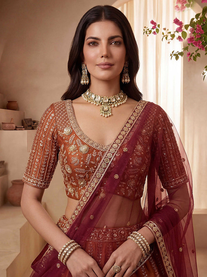 Orange Hlame Semi Stitched Bridal Lehenga Choli with Embroidered Net Dupatta