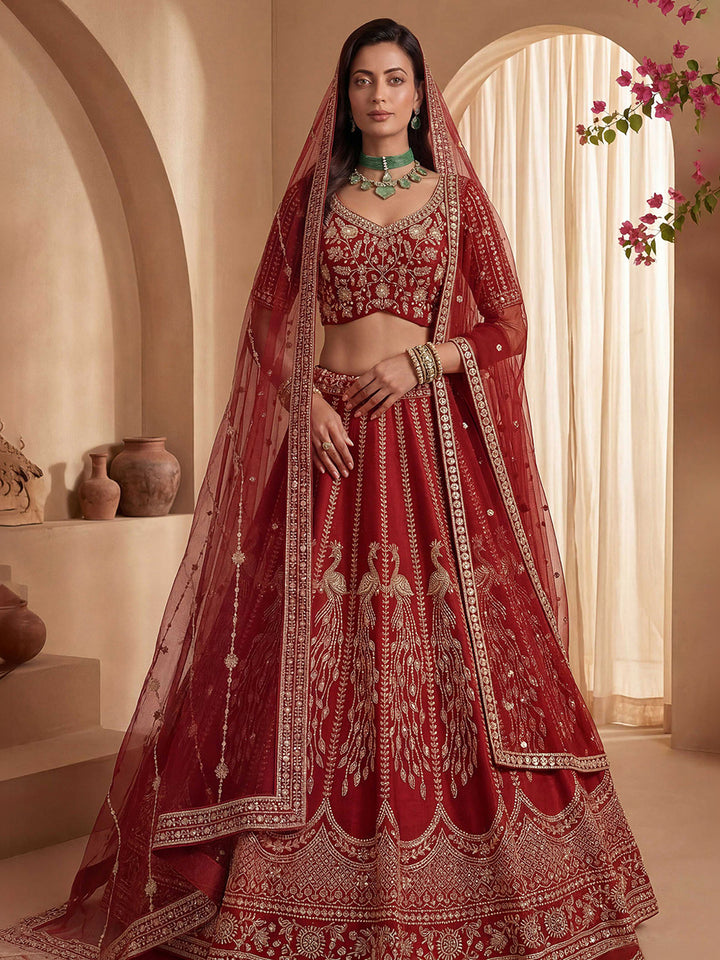 Red Hlame Semi Stitched Bridal Lehenga Choli with Embroidered Net Dupatta