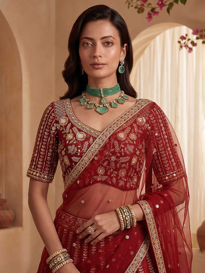 Red Hlame Semi Stitched Bridal Lehenga Choli with Embroidered Net Dupatta