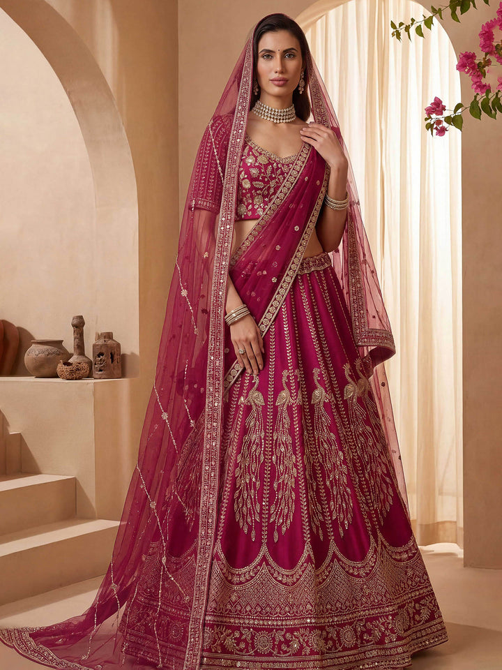 Pink Hlame Semi Stitched Bridal Lehenga Choli with Embroidered Net Dupatta