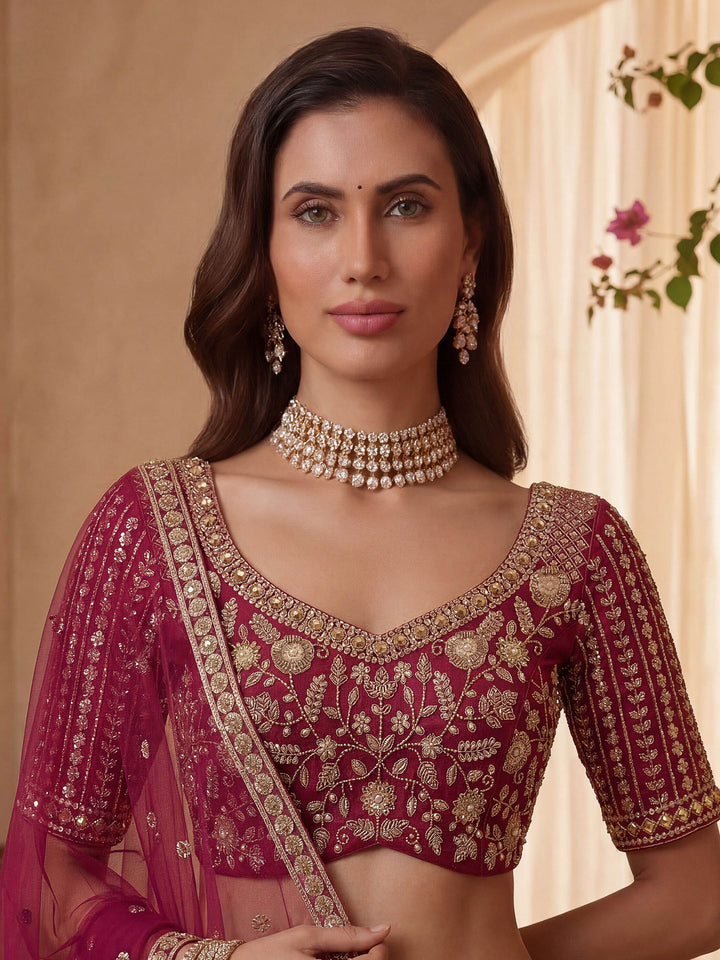 Pink Hlame Semi Stitched Bridal Lehenga Choli with Embroidered Net Dupatta