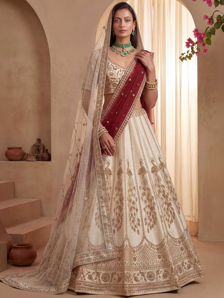 Off White Hlame Semi Stitched Bridal Lehenga Choli with Embroidered Net Dupatta